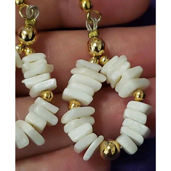 Shell Chip Dangle Hoop Earrings, Bright White Polished Smooth, Gold Tone Accents - Picture 8 of 9